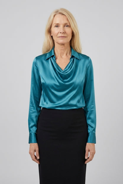 Elegant Satin Blouse for Women, Soft Drape Neckline Feminine Cut, for Work, Dinner, Evening & Everyday Wear