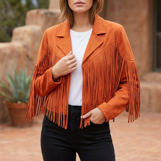 Evelyn | Women's Fringe Suede Cropped Moto Jacket
