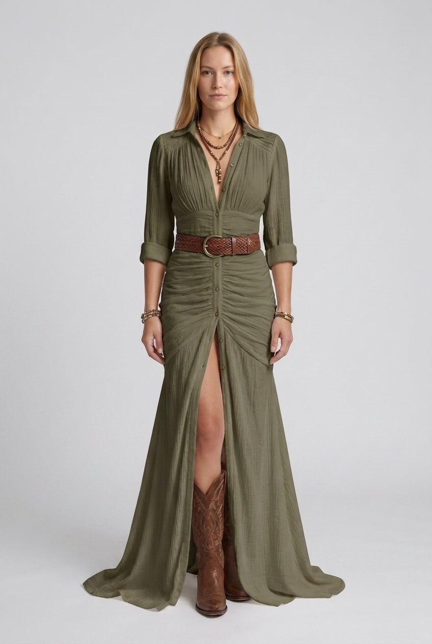 Elegant Long Belted Dress for Women, Pleated Lapels Tailored Flowing Silhouette, for Work, Evening, Brunch & Everyday We