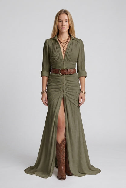 Elegant Long Belted Dress for Women, Pleated Lapels Tailored Flowing Silhouette, for Work, Evening, Brunch & Everyday We