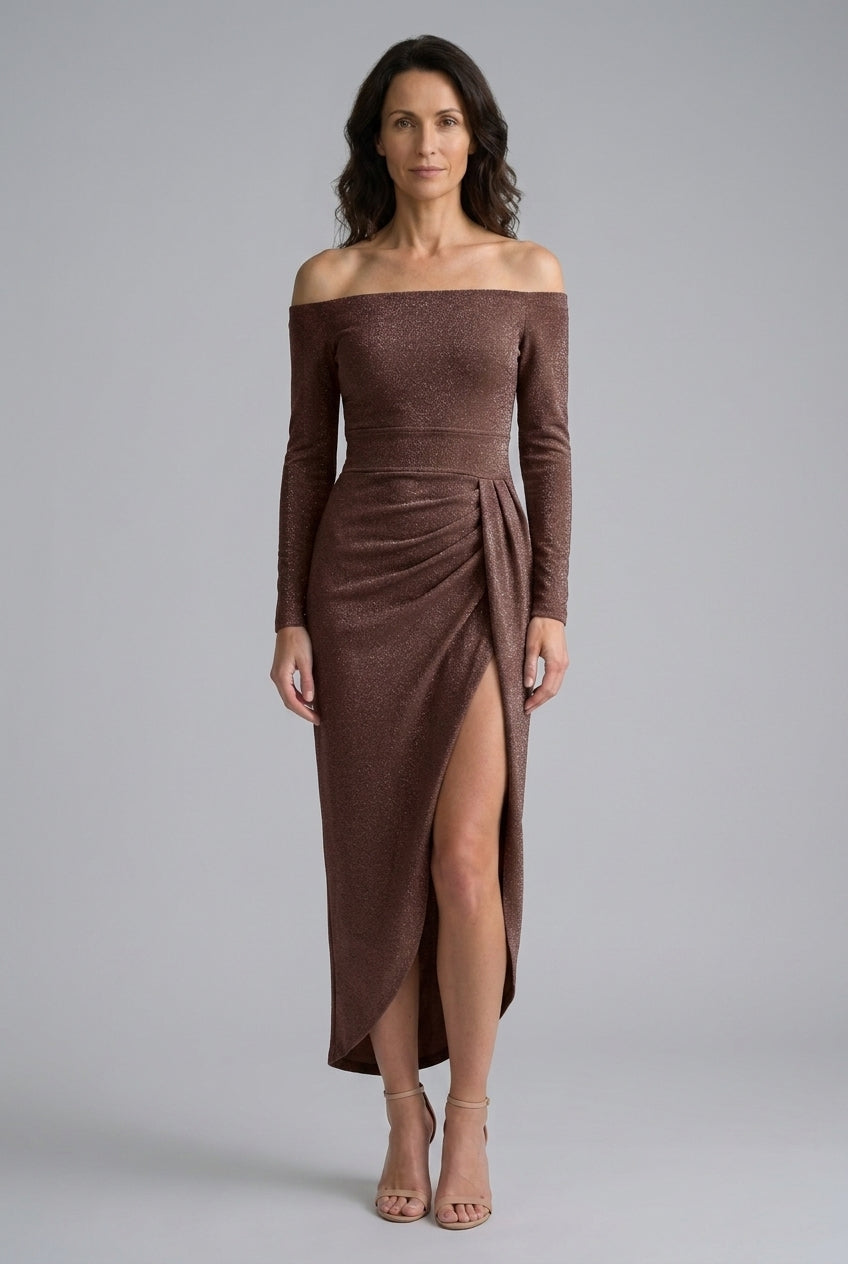 Elegant Off-Shoulder Dress for Women, Flowing Silhouette with Slit Detail, for Weddings, Evening Events & Special Occasi