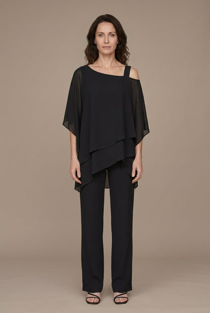 Elegant Two-Piece Layered Set for Women, Soft Flowing Lightweight Relaxed Silhouette Wide-Leg Pants, for Weddings, Dinne