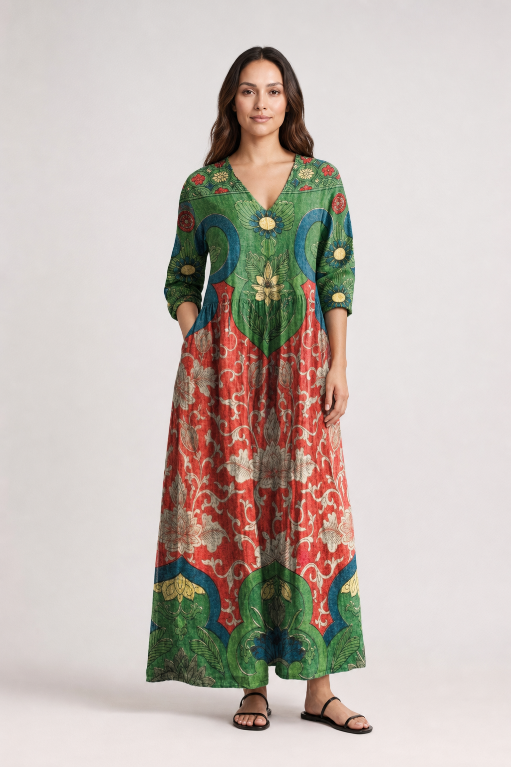 Sera | Women's Green Linen Boho Floral Ethnic V-Neck Pocket Maxi Dress
