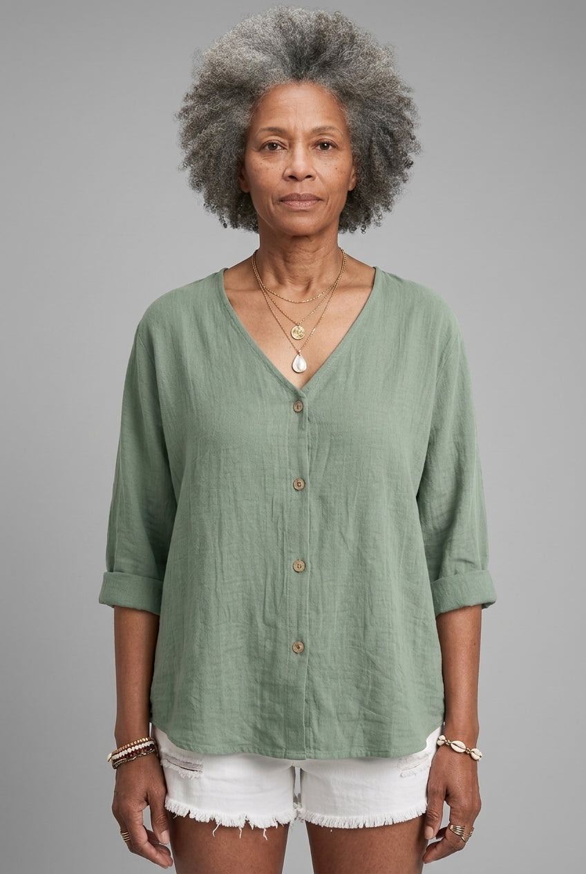 Casual Relaxed Button-Up Blouse for Women, V-Neck Roll Sleeve, for Everyday, Brunch, Weekend & Casual Wear