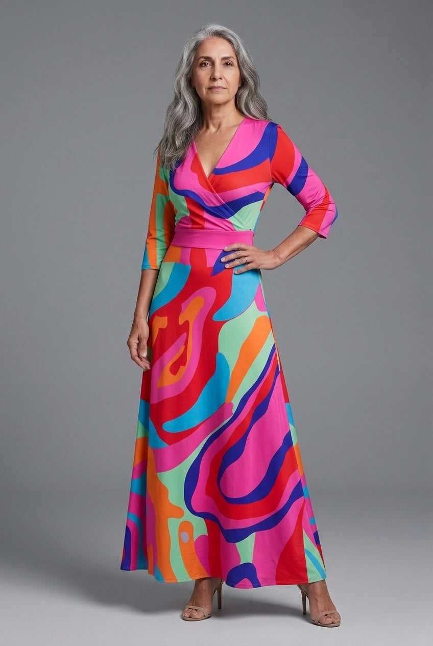 Elegant Maxi Dress for Women, Mid-Sleeve Floral A-Line with Flowing Silhouette, for Weddings, Dinners, Work & Everyday W