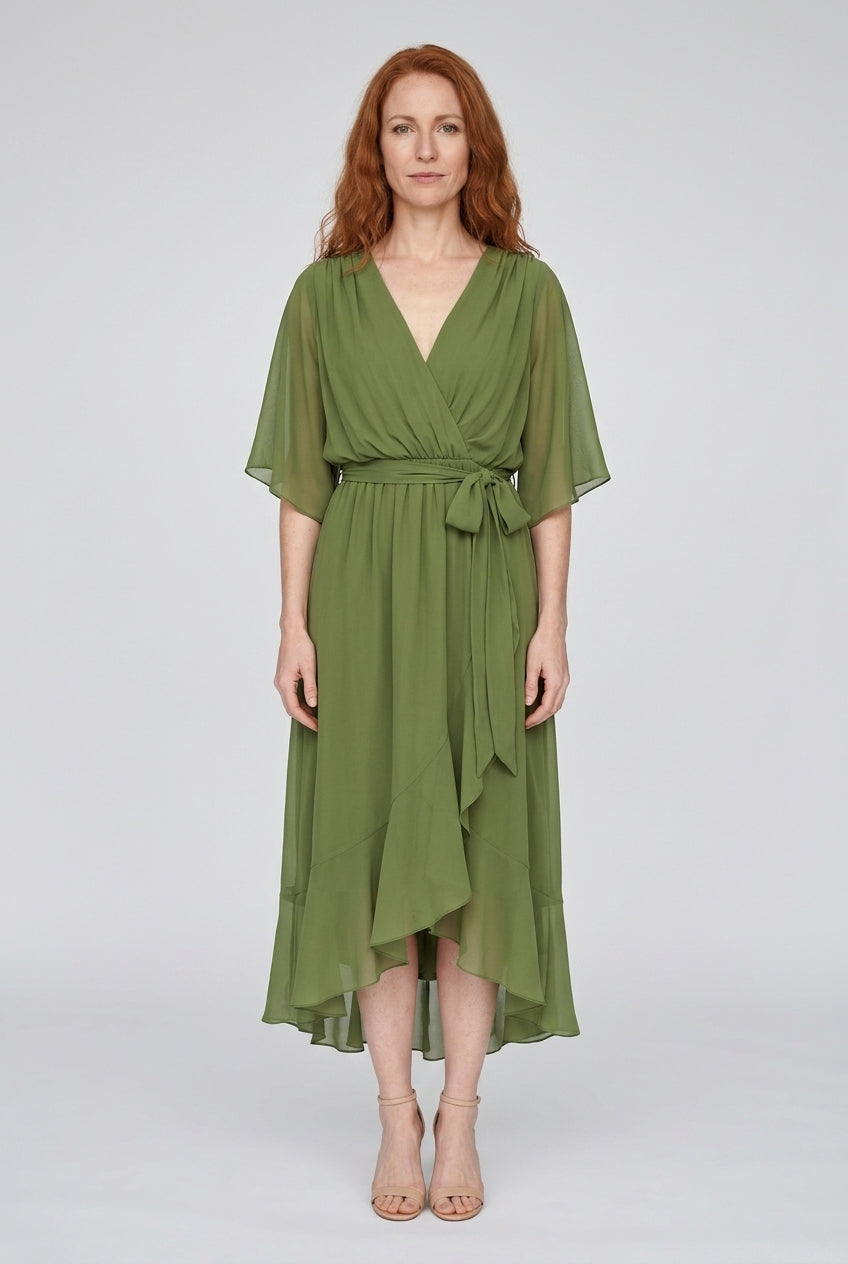 Elegant V-Neck Flowy Sleeve Dress for Women, Layered Textured Fringe Design, for Special Occasions, Dinners & Evening We