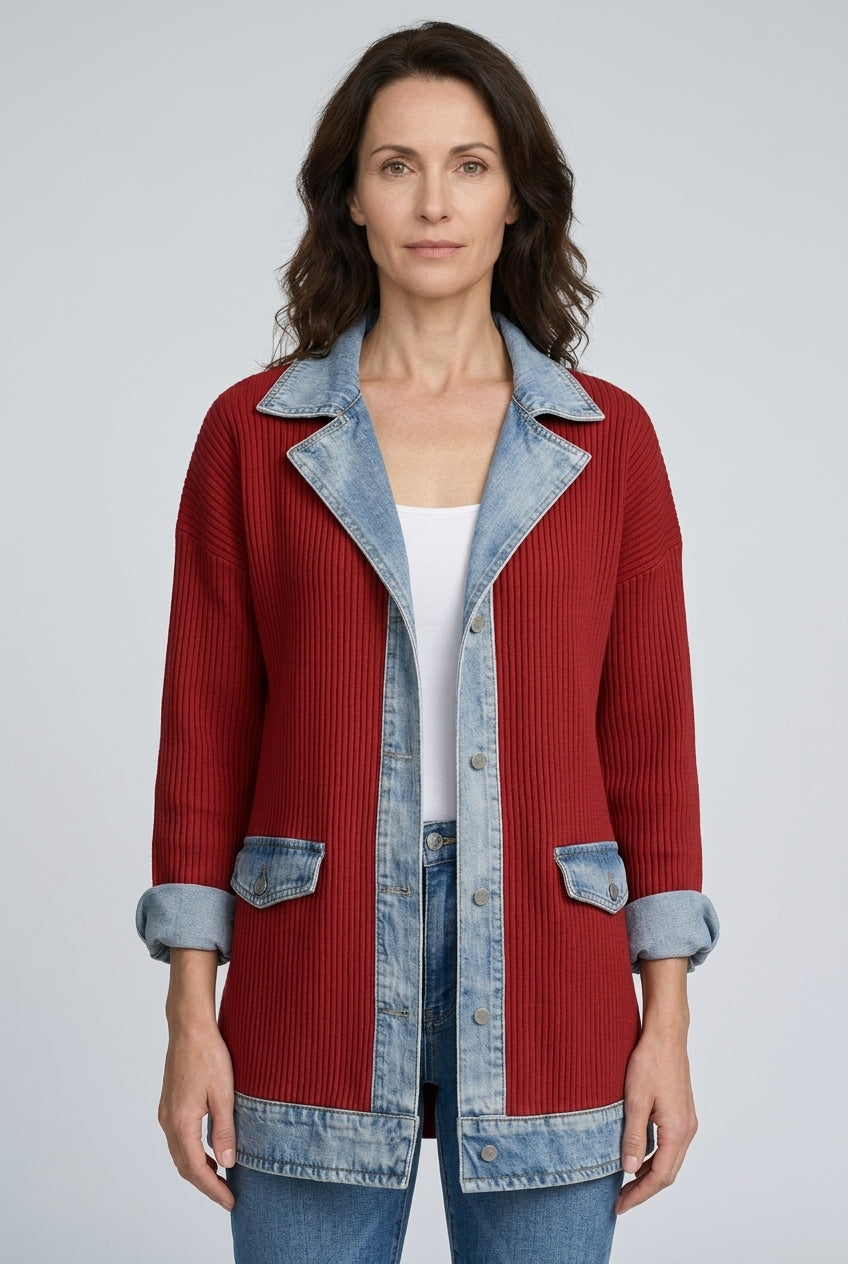 Elegant Layered Collar Button Jacket for Women, Soft Knit Denim-Inspired Mixed Texture Open-Front, for Work, Casual, Eve