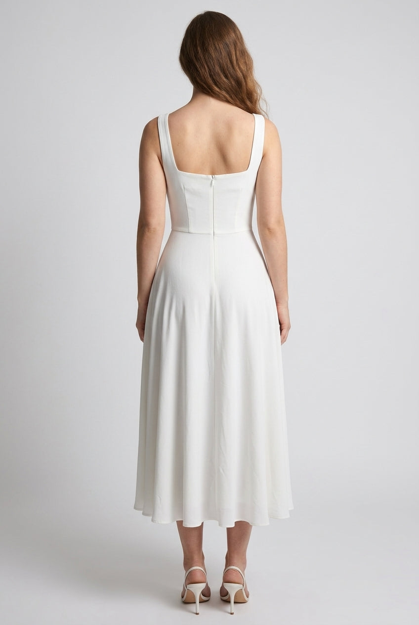 Elegant Sleeveless Square Midi Dress for Women, Tailored Bodice Flowing Skirt, for Weddings, Formal Events, Brunch & Spe