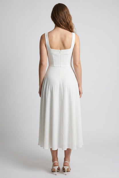 Elegant Sleeveless Square Midi Dress for Women, Tailored Bodice Flowing Skirt, for Weddings, Formal Events, Brunch & Spe