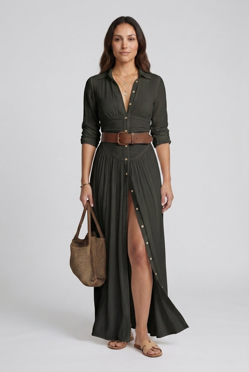 Elegant Maxi Dress for Women, Long Sleeve Collared Tailored Pleated, for Work, Garden Party & Everyday Wear