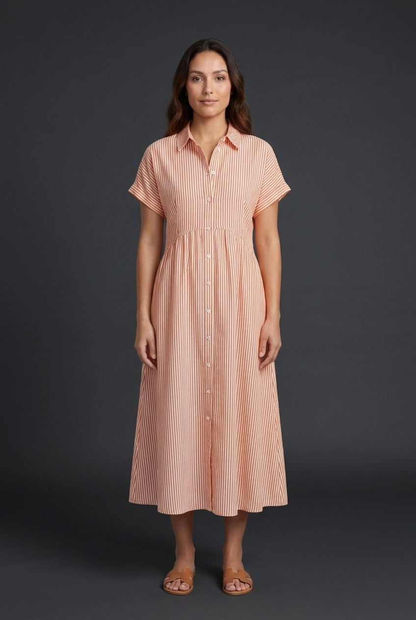 Elegant Cotton Maxi Dress for Women, Short-Sleeve Shirt Collar Button-Front Fitted Waist, for Summer, Vacation, Brunch &