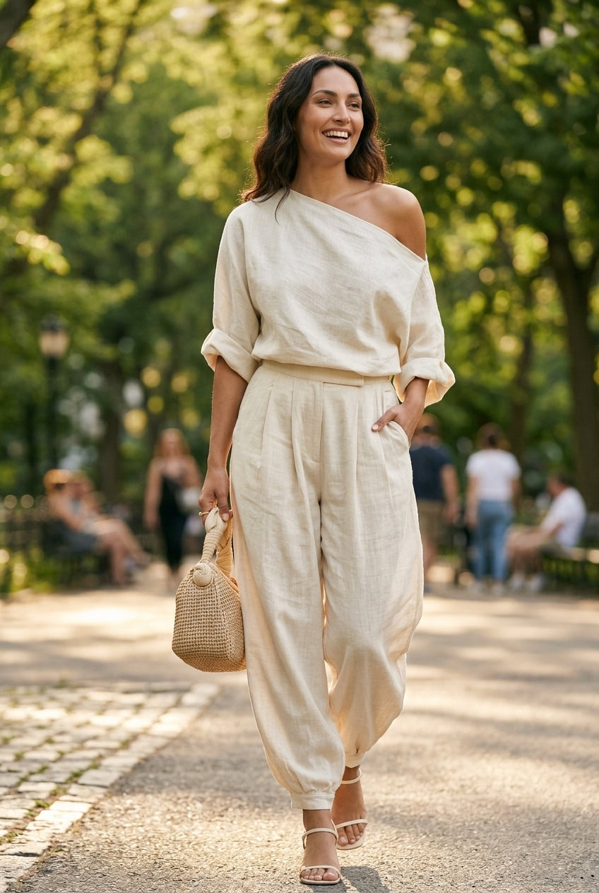 Elegant Off-Shoulder 2-Piece Set for Women, Relaxed Tapered Trousers Long-Sleeve, for Casual, Everyday Wear & Weekend Ou