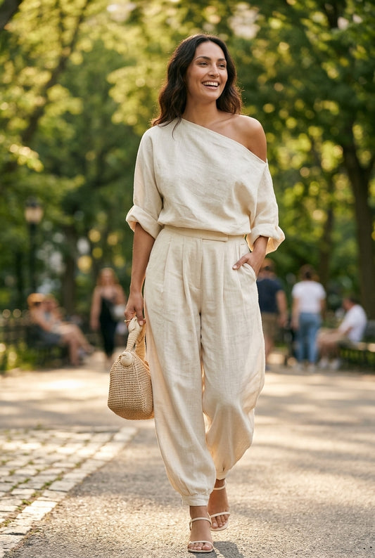 Elegant Off-Shoulder 2-Piece Set for Women, Relaxed Tapered Trousers Long-Sleeve, for Casual, Everyday Wear & Weekend Ou