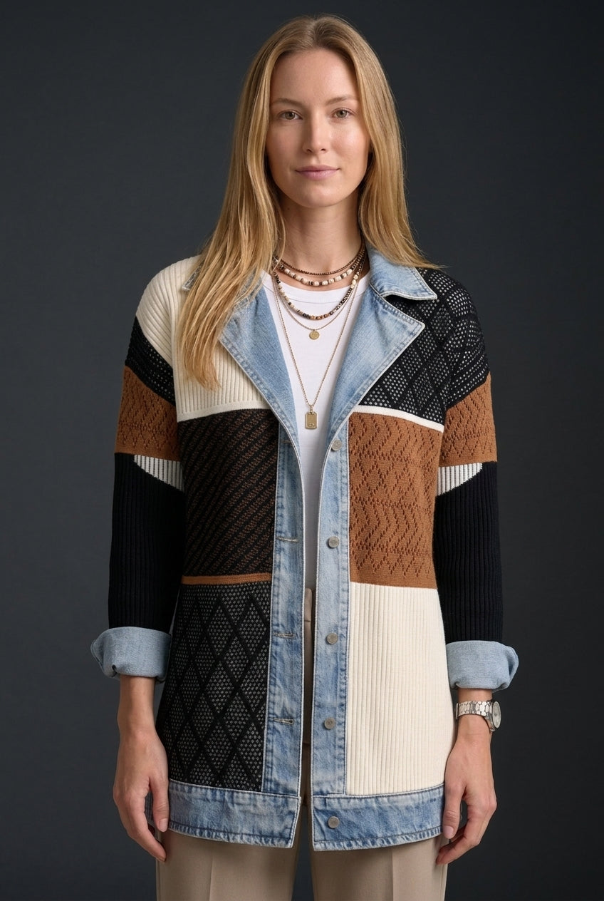 Elegant Layered Collar Button Jacket for Women, Soft Knit Denim-Inspired Mixed Texture Open-Front, for Work, Casual, Eve