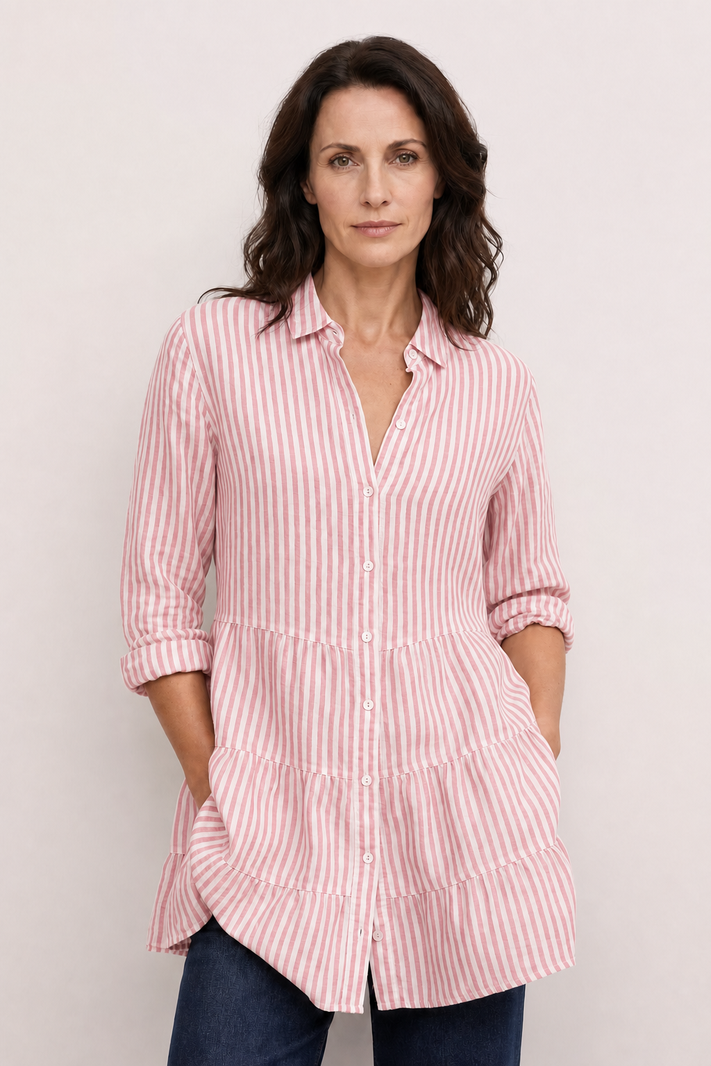 Mira | Women's Linen Striped Collared Tiered Button-Down Dress