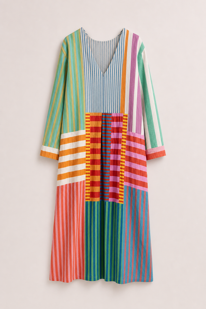 Aria | Women's Linen Colorblock Stripe Oversized V-Neck Maxi Dress